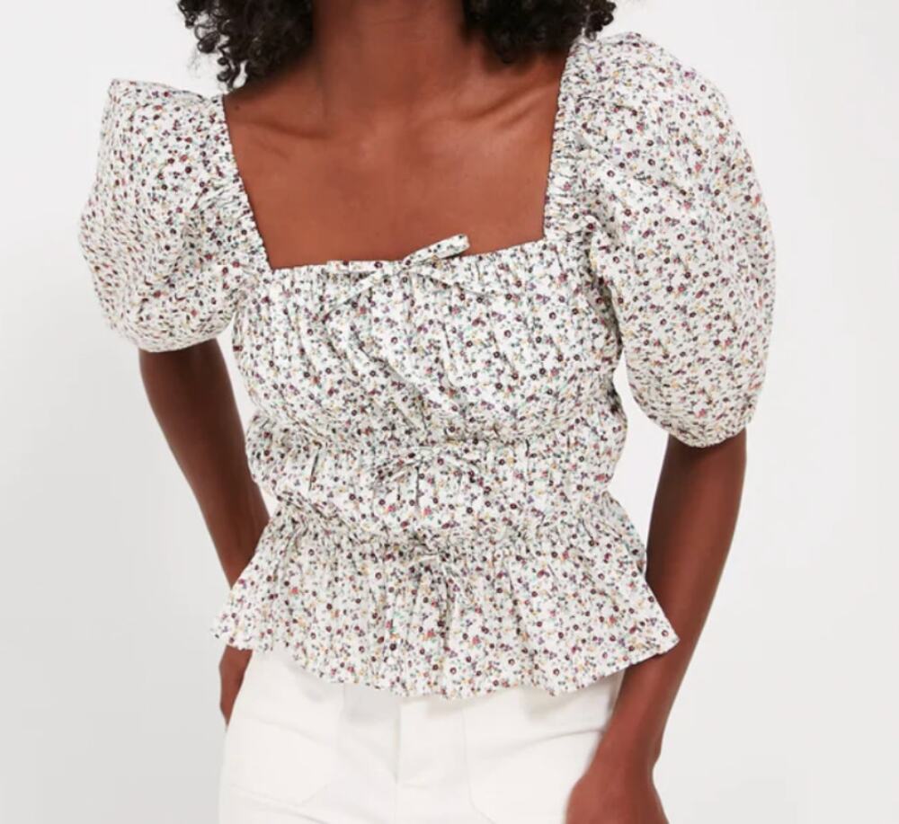 Hyacinth House Tuckernuck Floral Puff Sleeve Bow Payton Top Blouse White Medium